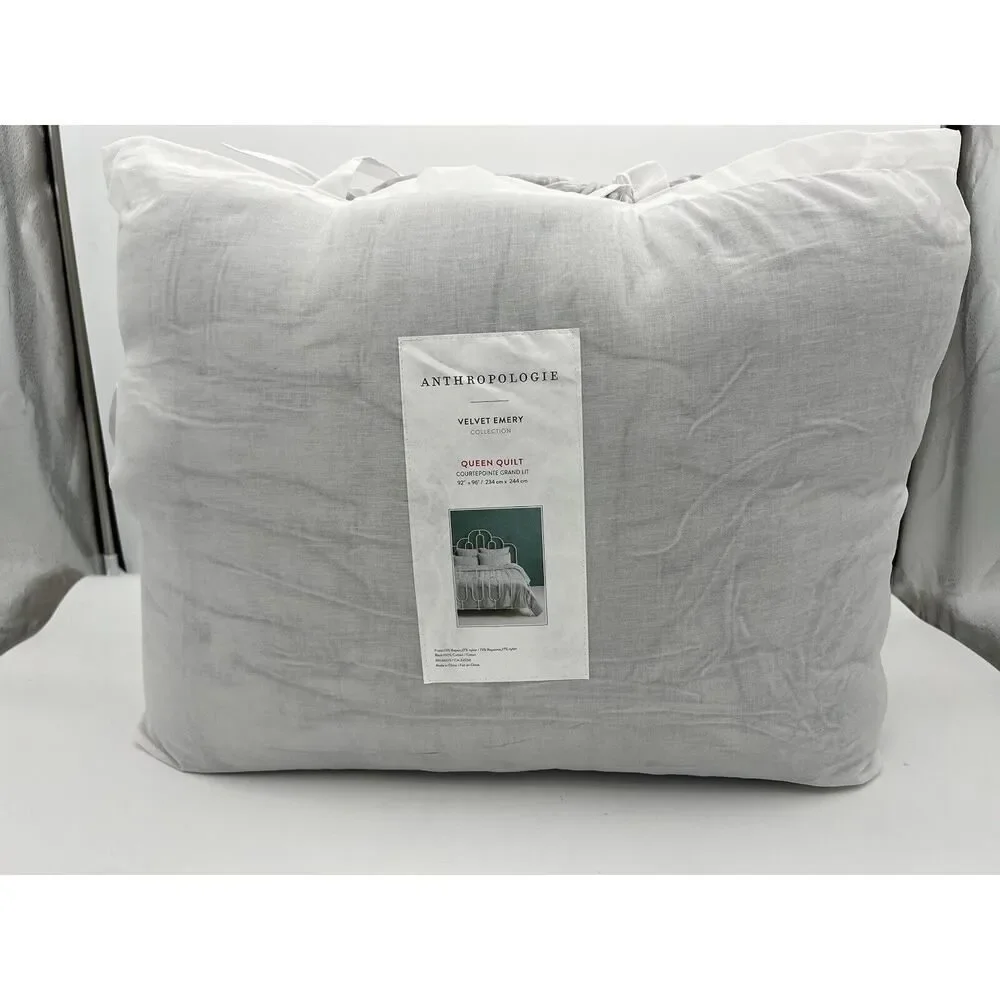 Anthropologie Velvet Emery Quilt Queen Size Embroidered Silver
